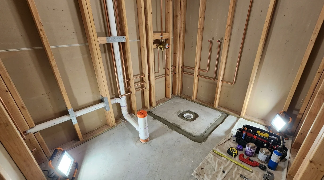 Bathroom rough-in plumbing during remodel by Johns Plumbing LLC in Appleton