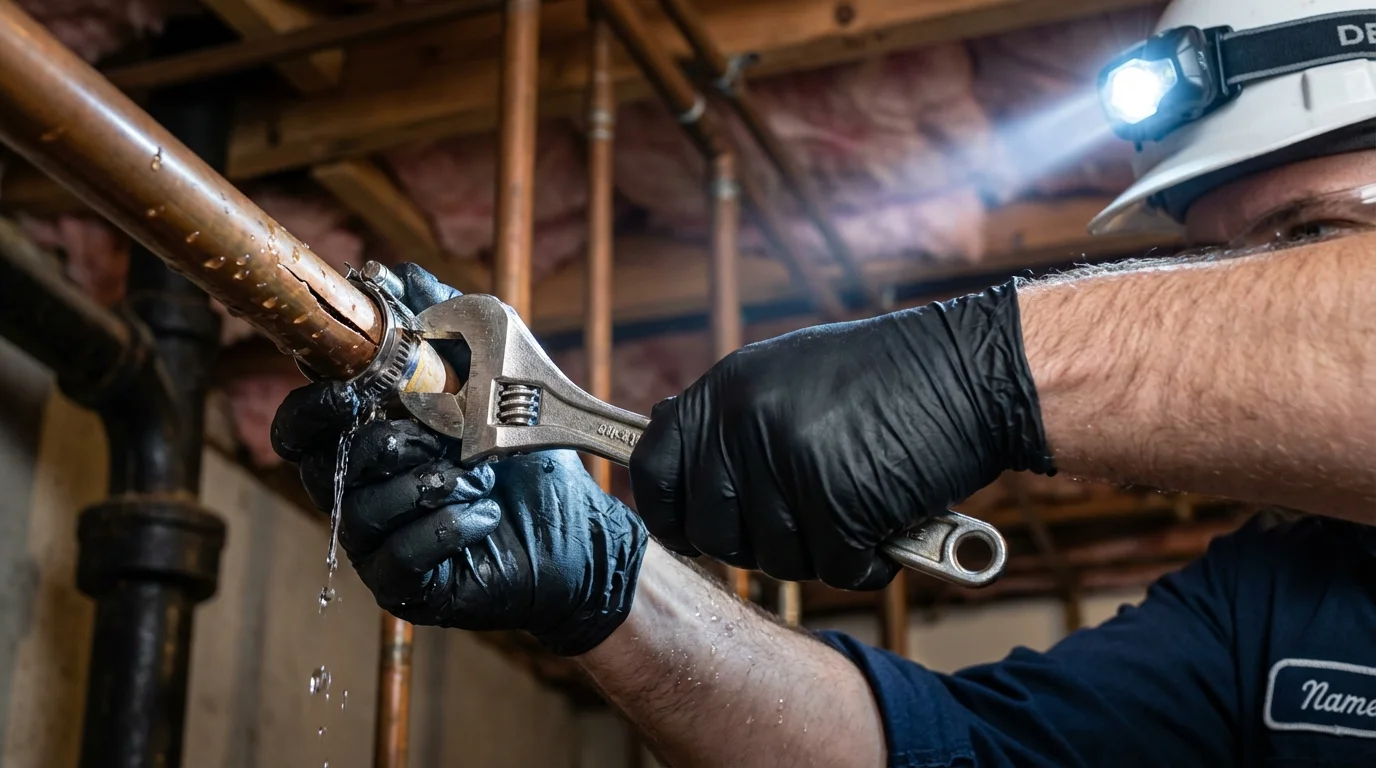 Emergency pipe clamp repair being performed by a Johns Plumbing LLC plumber in Appleton