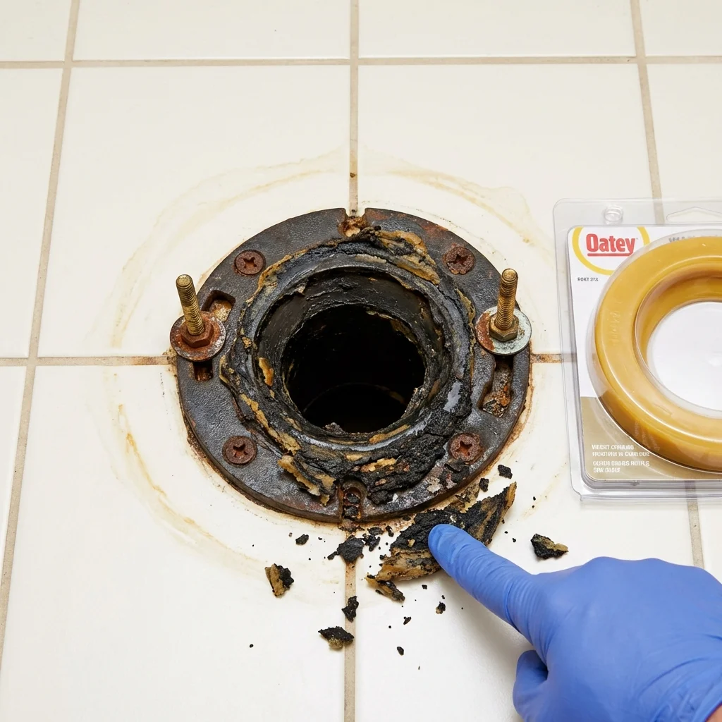 Failed wax ring showing water seepage at the base of a toilet in a Appleton, WI home