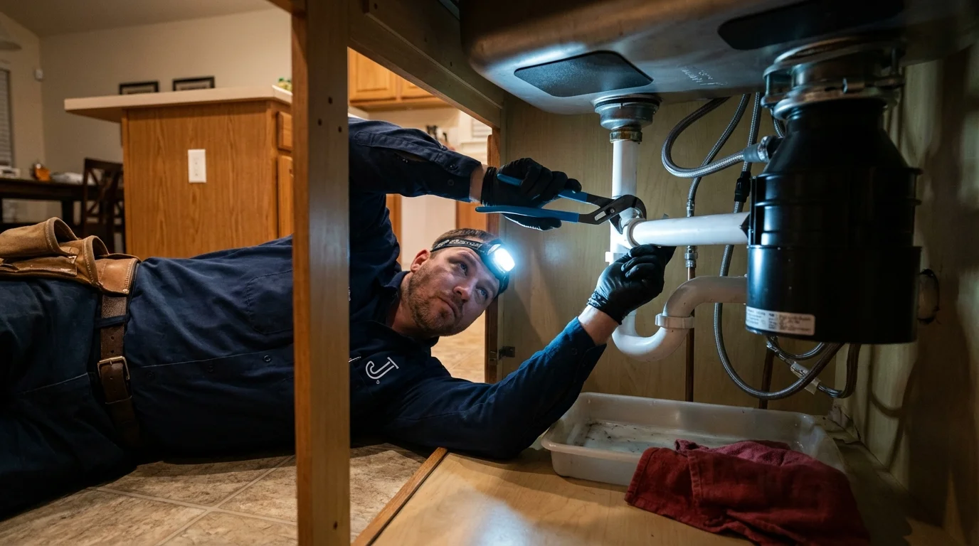 P-trap and supply line connections under a kitchen sink showing a common leak point in Appleton, WI